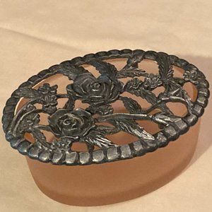 VTG 1980's Pink Satin Glass Oval Trinket Dish w/Pewter Lid in Rose Design-1.5" H